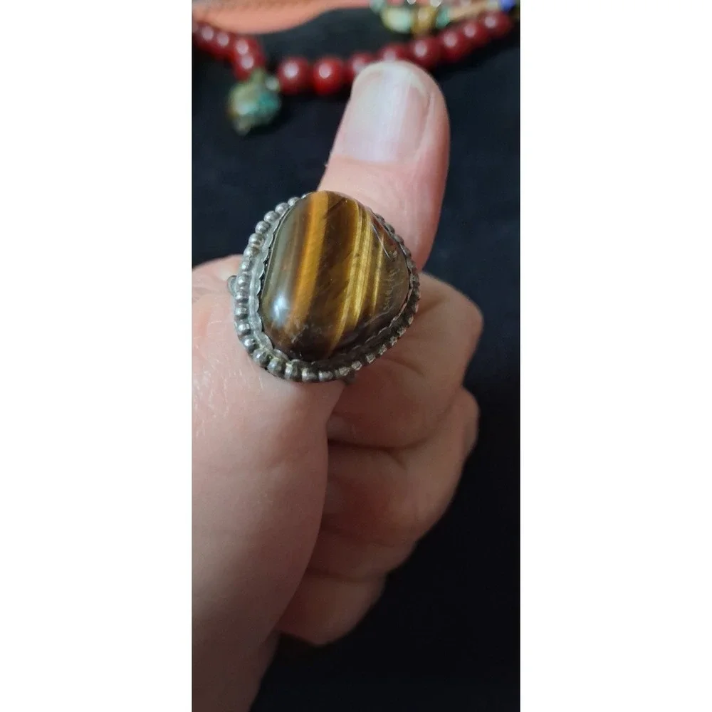 Vintage 925 Sterling Silver TIGER'S EYE Native American Handmade RING Size 11